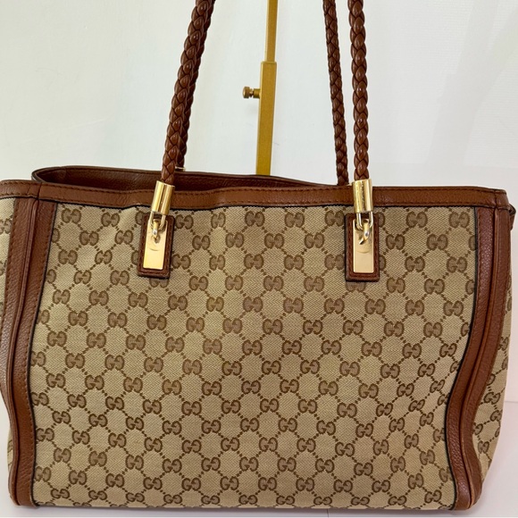 Gucci Medium Bella Tote W Brown & Tan GG Logo Canvas And Braided Leather Trim - Picture 3 of 16